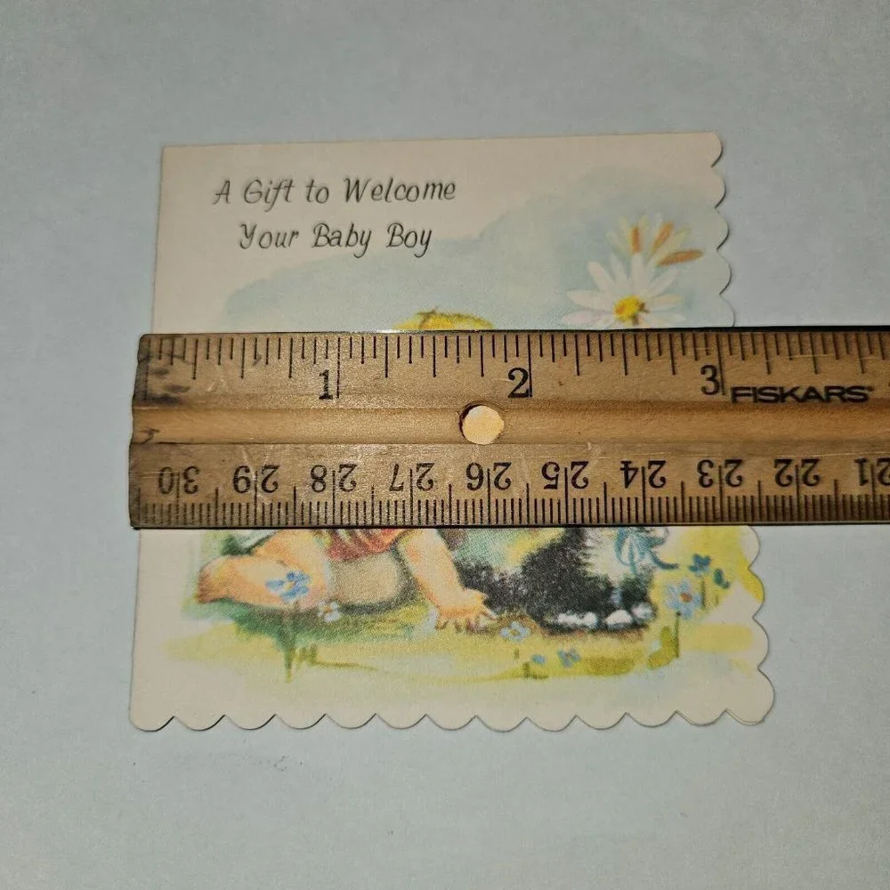 VTG New Baby Boy Greeting Card Welcome Gift Kitten Cat Scalloped 3x3 NEVER USED